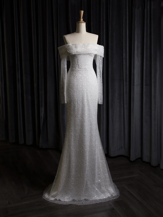 Vestido de novia vintage de corte sirena con hombros descubiertos, blanco, manga larga, lentejuelas, DH403