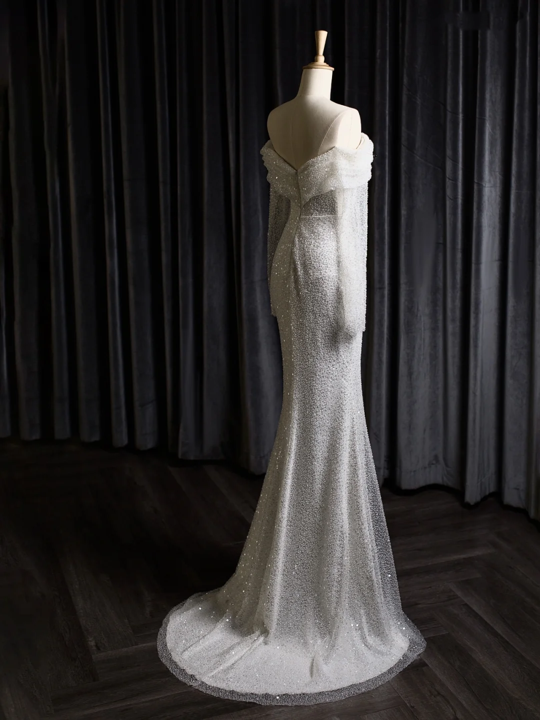 Vestido de novia vintage de corte sirena con hombros descubiertos, blanco, manga larga, lentejuelas, DH403