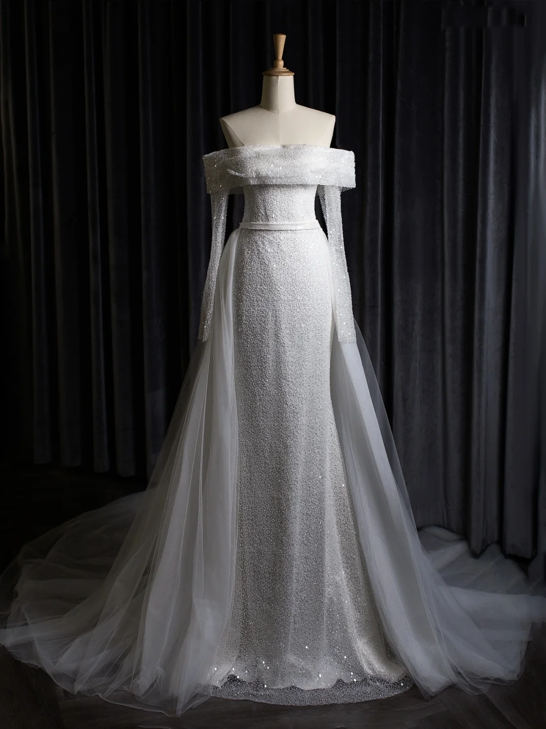 Vestido de novia vintage de corte sirena con hombros descubiertos, blanco, manga larga, lentejuelas, DH403