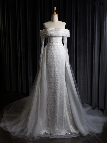Vestido de novia vintage de corte sirena con hombros descubiertos, blanco, manga larga, lentejuelas, DH403