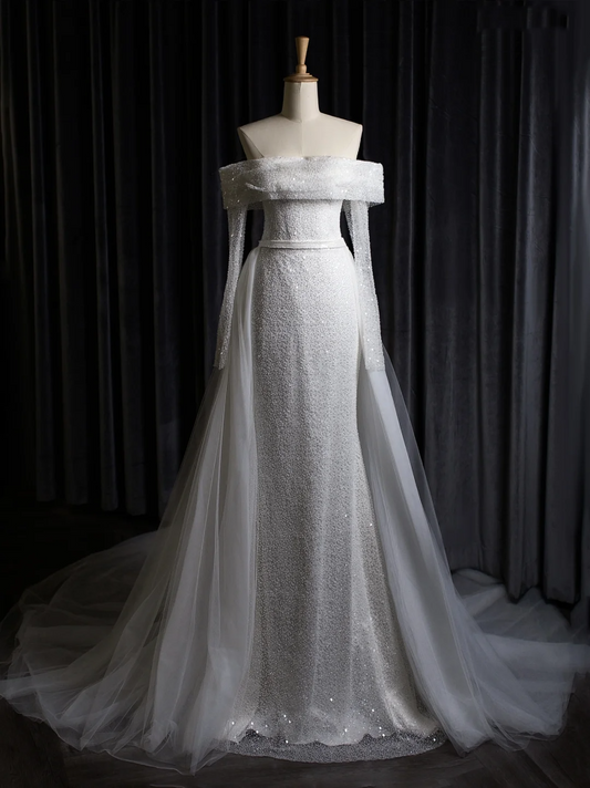 Vestido de novia vintage de corte sirena con hombros descubiertos, blanco, manga larga, lentejuelas, DH403