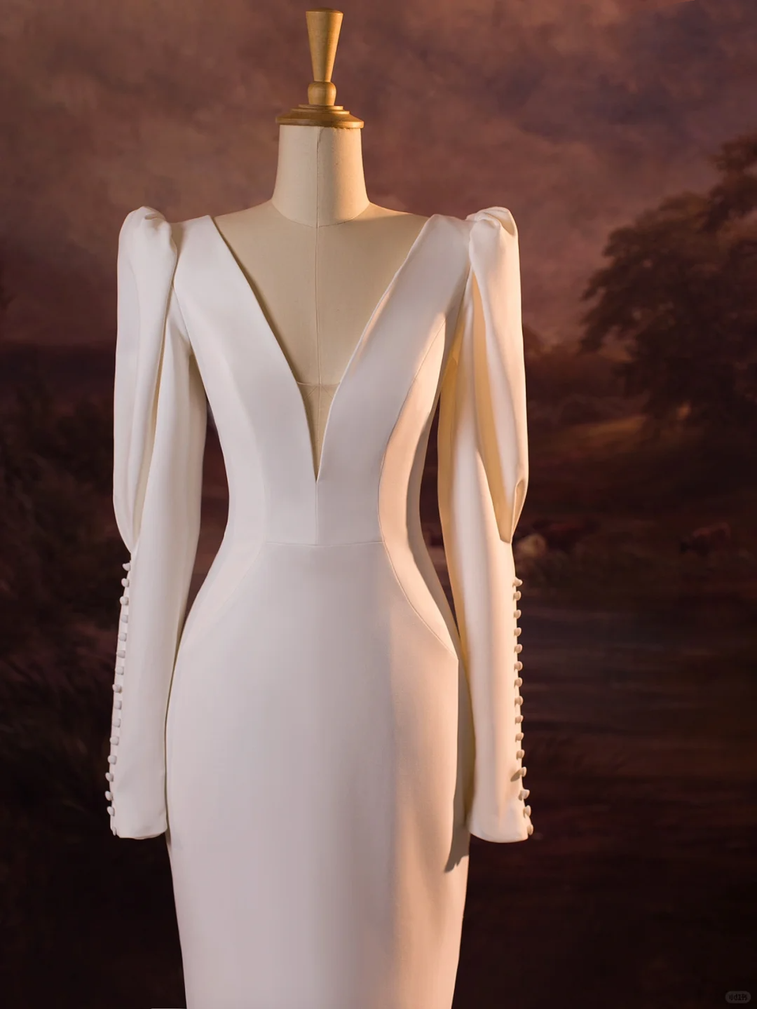Vestido de novia vintage de sirena, escote en V, blanco, mangas largas, satén, DH407