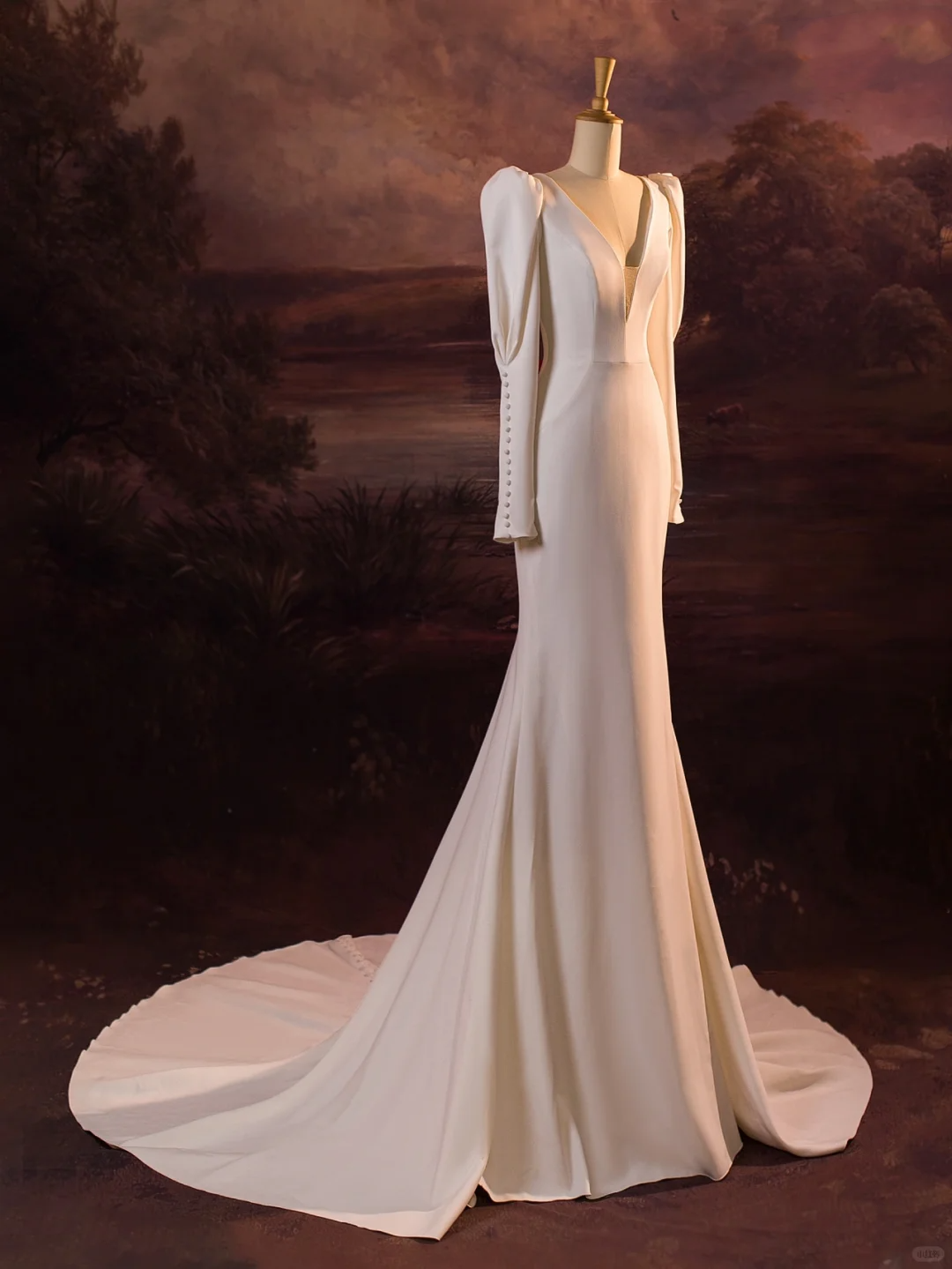 Vestido de novia vintage de sirena, escote en V, blanco, mangas largas, satén, DH407