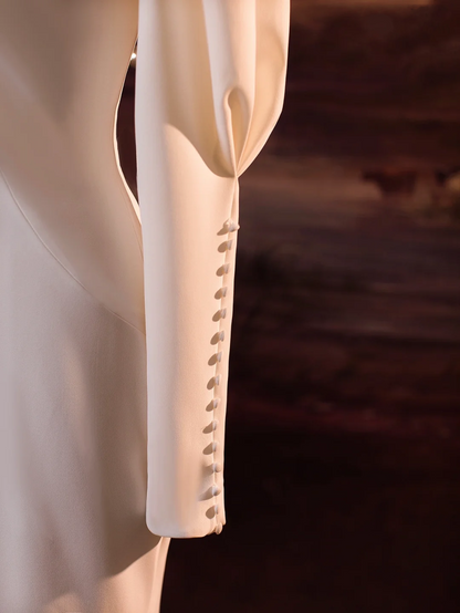 Vestido de novia vintage de sirena, escote en V, blanco, mangas largas, satén, DH407