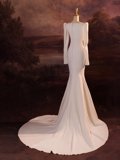 Vestido de novia vintage de sirena, escote en V, blanco, mangas largas, satén, DH407