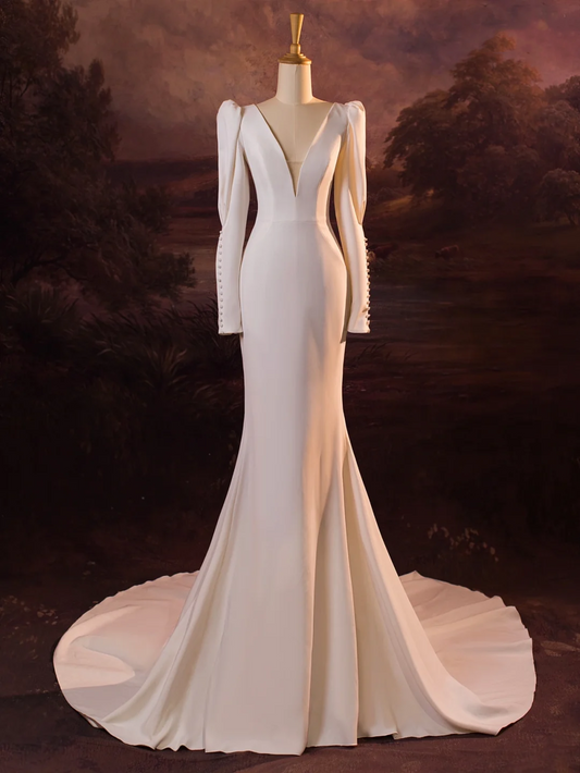 Vestido de novia vintage de sirena, escote en V, blanco, mangas largas, satén, DH407