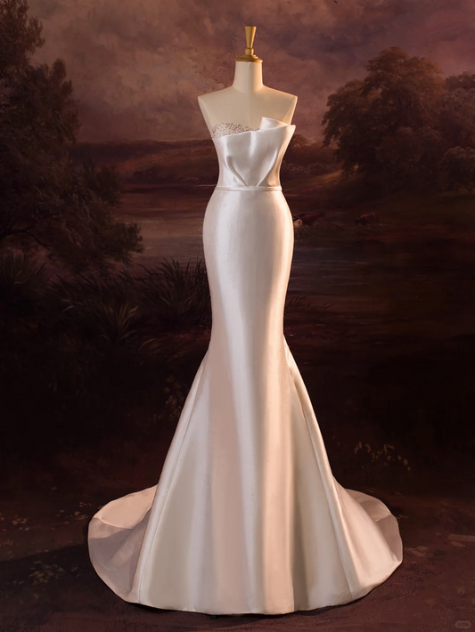 Hermoso vestido de novia de sirena sin tirantes, con cuentas plateadas, de satén blanco, largo, DH410