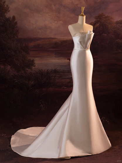 Hermoso vestido de novia de sirena sin tirantes, con cuentas plateadas, de satén blanco, largo, DH410