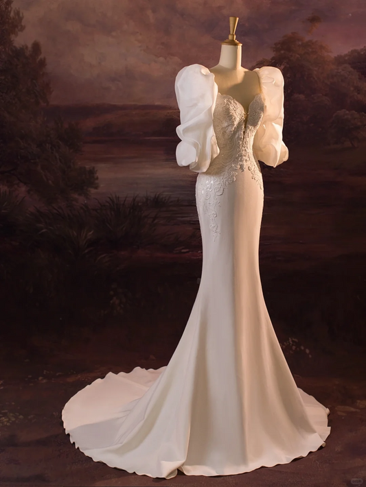 Hermoso vestido de novia largo de satén blanco con encaje y tirantes finos de sirena DH411