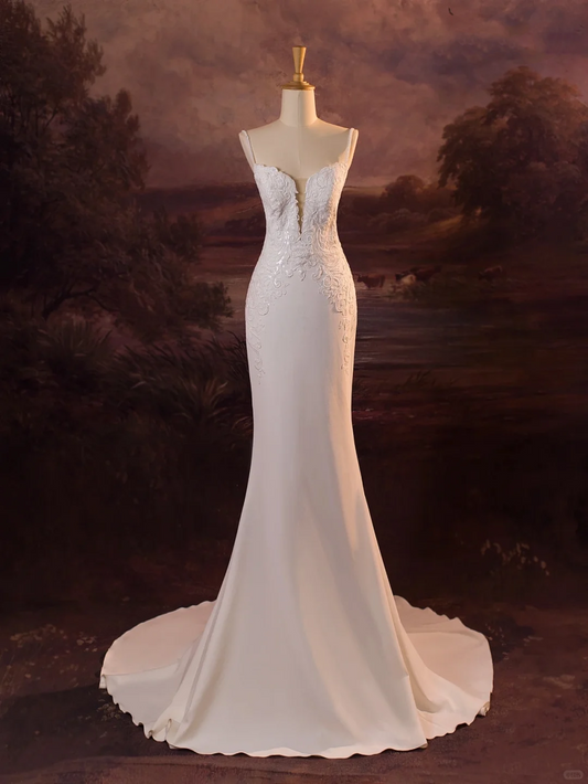 Hermoso vestido de novia largo de satén blanco con encaje y tirantes finos de sirena DH411