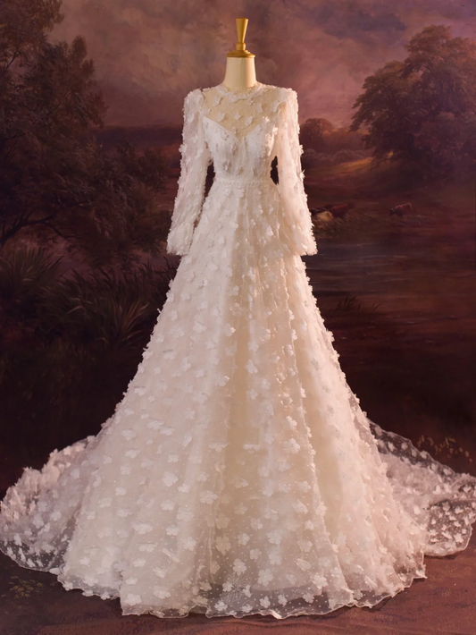 Elegante vestido de novia con escote redondo, mangas largas, tul y flores, DH412
