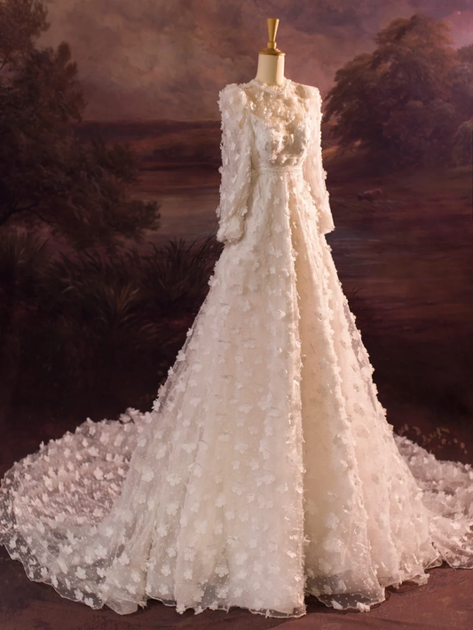 Elegante vestido de novia con escote redondo, mangas largas, tul y flores, DH412