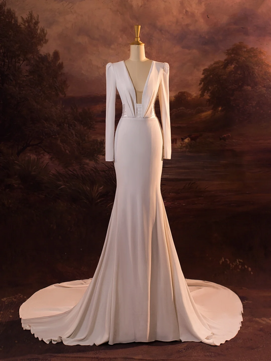 Vestido de novia vintage de sirena, escote en V, blanco, mangas largas, espalda descubierta, satén, largo, DH413