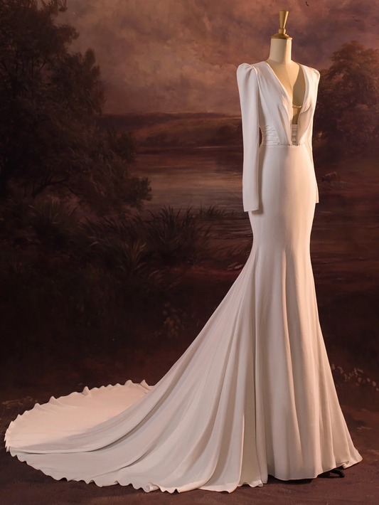 Vestido de novia vintage de sirena, escote en V, blanco, mangas largas, espalda descubierta, satén, largo, DH413