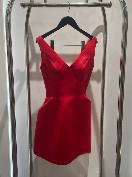 Pretty A line V Neck Red Satin Short Formal 8th Grade Homecoming Dresses Summer Middle School Hoco Dress 6th Grade Graduation Outfits DH414