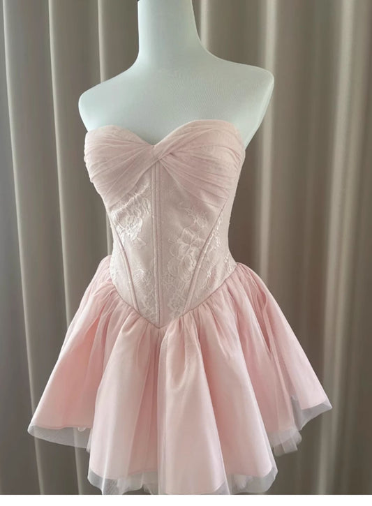 Vestido corto de verano con escote corazón y encaje rosa para fiesta de bienvenida, vestido Hoco, atuendo de cumpleaños, minivestidos de fiesta para 21 años DH416