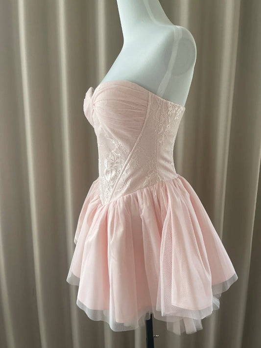 Vestido corto de verano con escote corazón y encaje rosa para fiesta de bienvenida, vestido Hoco, atuendo de cumpleaños, minivestidos de fiesta para 21 años DH416