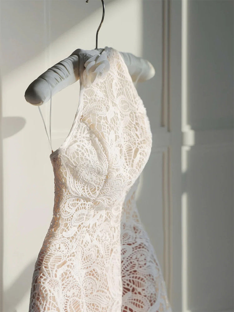 Vestido corto de verano con encaje blanco, cuello alto y corte en A, para fiesta de bienvenida, ideal para cumpleaños número 21, DH417