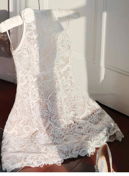 Vestido corto de verano con encaje blanco, cuello alto y corte en A, para fiesta de bienvenida, ideal para cumpleaños número 21, DH417
