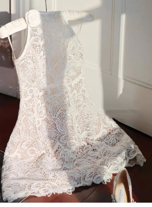 Vestido corto de verano con encaje blanco, cuello alto y corte en A, para fiesta de bienvenida, ideal para cumpleaños número 21, DH417