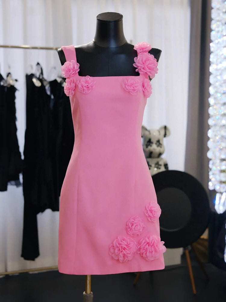 Hermosos vestidos de fiesta cortos de satén rosa con corte A y corte cuadrado para octavo grado, vestido de verano para escuela secundaria, atuendos para fiesta de bienvenida DH418