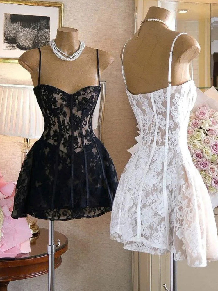 Vestidos de fiesta cortos de encaje blanco y negro con tirantes finos, corte A, para octavo grado, de verano, para escuela secundaria, DH419