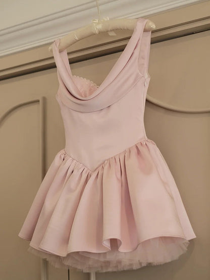 Hermosos vestidos de fiesta cortos de satén rosa con tirantes en forma de A para octavo grado, vestido de verano para escuela secundaria, atuendos para fiesta de bienvenida DH422