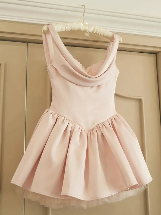 Hermosos vestidos de fiesta cortos de satén rosa con tirantes en forma de A para octavo grado, vestido de verano para escuela secundaria, atuendos para fiesta de bienvenida DH422