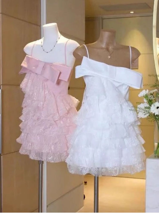 Vestidos de fiesta cortos de encaje con tirantes finos, corte A, modernos, para octavo grado, de verano, para escuela secundaria, DH423