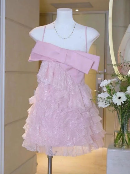Vestidos de fiesta cortos de encaje con tirantes finos, corte A, modernos, para octavo grado, de verano, para escuela secundaria, DH423