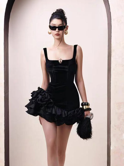 Hermosos vestidos de fiesta cortos de terciopelo negro con corte cuadrado para octavo grado, vestido de verano para escuela secundaria, atuendos para fiesta de bienvenida DH424