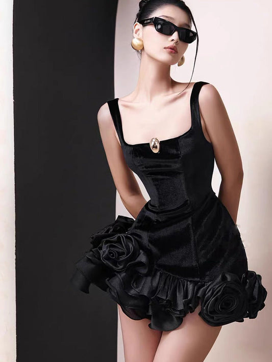 Hermosos vestidos de fiesta cortos de terciopelo negro con corte cuadrado para octavo grado, vestido de verano para escuela secundaria, atuendos para fiesta de bienvenida DH424