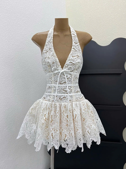 Hermosos vestidos de fiesta de verano de corte A con cuello halter, de encaje blanco, cortos y formales para octavo grado, vestido de fiesta de secundaria, DH425