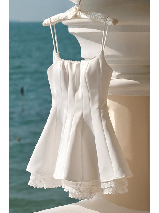 Hermosos vestidos de fiesta blancos cortos con tirantes finos de corte A para octavo grado, vestido de verano para escuela secundaria, atuendos para fiesta de bienvenida DH427