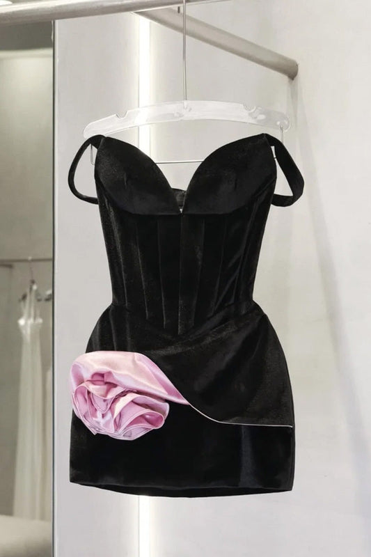 Hermoso vestido de fiesta corto de terciopelo negro con hombros descubiertos para octavo grado, vestido de verano para escuela secundaria, atuendos para fiesta DH430