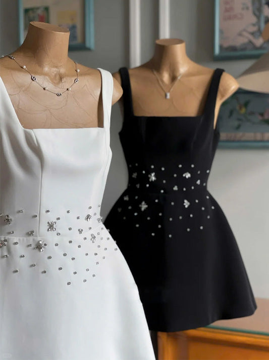 Vestido corto de satén blanco con escote cuadrado y corte en A para fiesta de 8.º grado, estilo Hoco, para verano, DH431