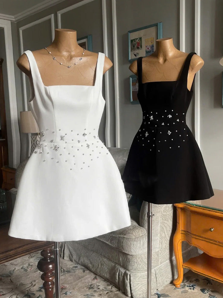 Vestido corto de satén blanco con escote cuadrado y corte en A para fiesta de 8.º grado, estilo Hoco, para verano, DH431