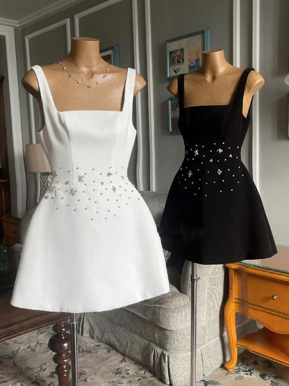 Vestido corto de satén blanco con escote cuadrado y corte en A para fiesta de 8.º grado, estilo Hoco, para verano, DH431