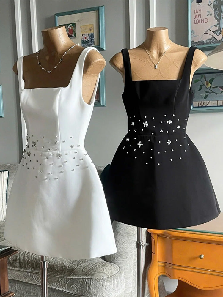 Vestido corto de satén blanco con escote cuadrado y corte en A para fiesta de 8.º grado, estilo Hoco, para verano, DH431