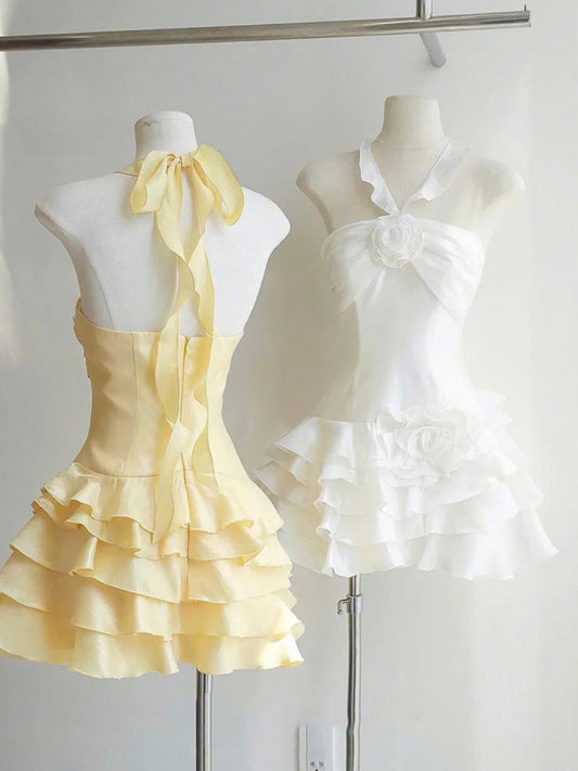 Trendy A Line Halter Yellow Chiffon Mini Short Formal 8th Grade Homecoming Dresses Summer Middle School Hoco Dress Homecoming Outfits DH438