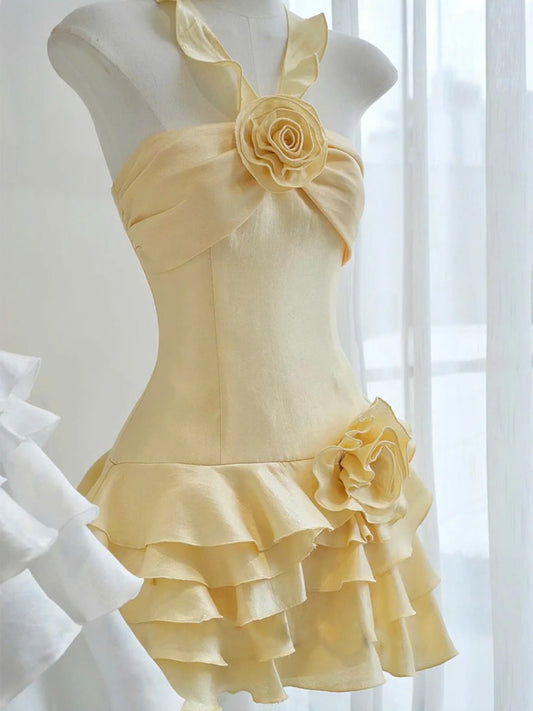 Trendy A Line Halter Yellow Chiffon Mini Short Formal 8th Grade Homecoming Dresses Summer Middle School Hoco Dress Homecoming Outfits DH438