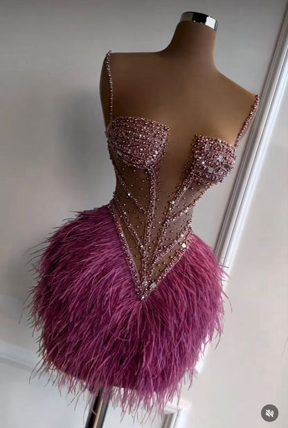 Trendy Sheath Spaghetti Straps Feathers Mini Short Formal 8th Grade Homecoming Dresses Summer Middle School Hoco Dress Homecoming Outfits DH447