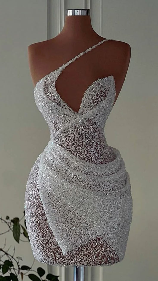 Pretty Sheath One Shoulder White Sequin Sleeveless Short Formal 8th Grade Homecoming Dresses Summer Middle School Hoco Dress Homecoming Outfits DH453