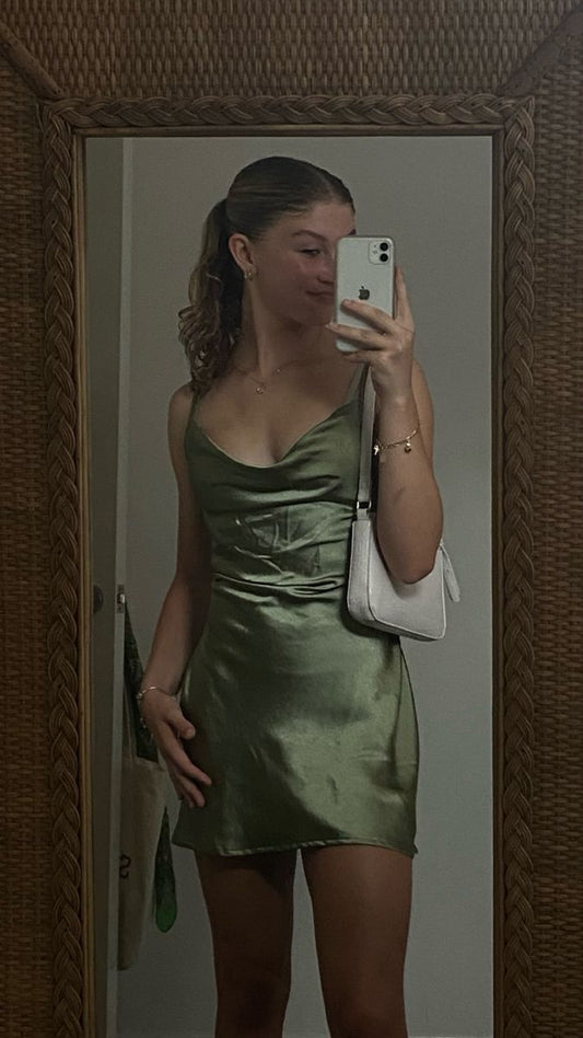 Pretty A Line Spaghetti Straps Olive Green Satin Sleeveless Short Formal 8th Grade Homecoming Dresses Summer Middle School Hoco Dress Homecoming Outfits DH464