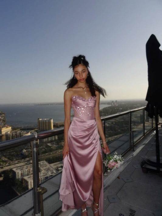 Elegante vestido de fiesta largo de satén rosa con escote en forma de A y abertura en el bajo, ideal para celebrar cumpleaños número 20 o cumpleaños número 18, DH468