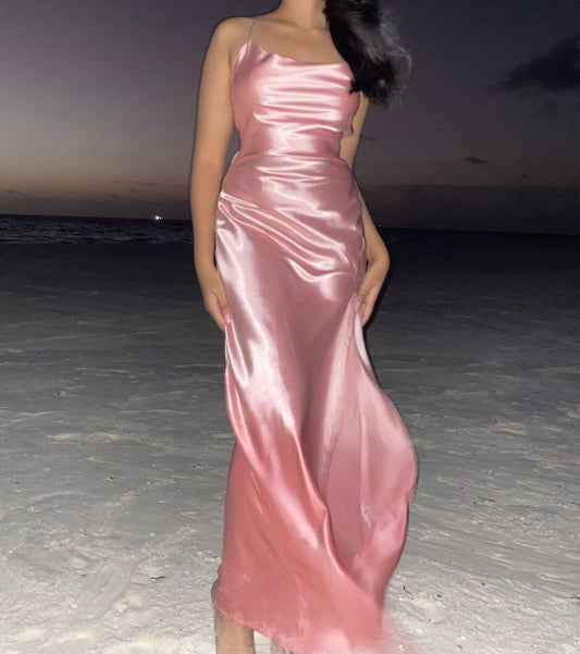 Elegante vestido de fiesta largo de satén rosa con cuello halter y corte A, para verano, para celebrar 20 cumpleaños y 18 años, DH472