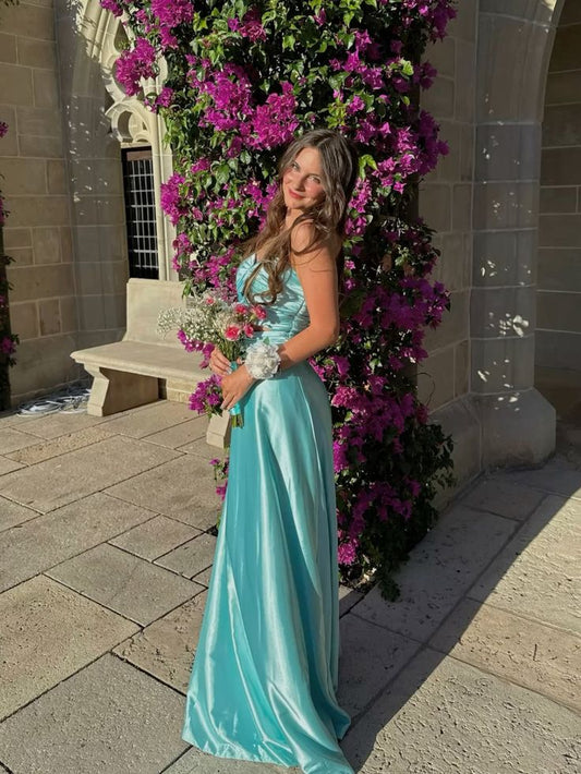 Elegante vestido de fiesta largo de satén azul con tirantes finos y corte en A, para verano, para celebrar 20 cumpleaños y 18 años, DH474