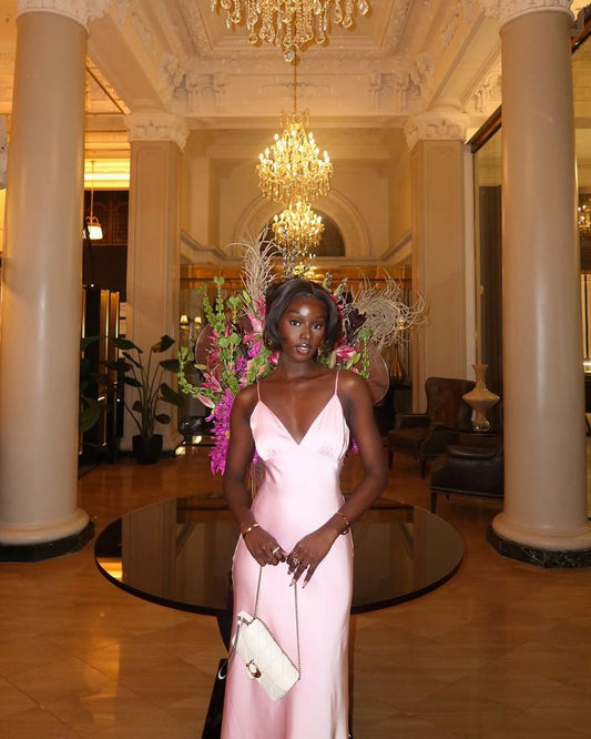 Elegante vestido de fiesta largo de satén rosa con tirantes finos para verano, ideal para 20 cumpleaños y 18 años, DH481
