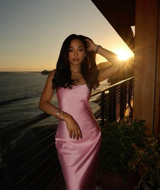 Elegante vestido de fiesta largo de satén rosa con tirantes finos para fiesta de verano, ideal para 20 cumpleaños y 18 años, DH482