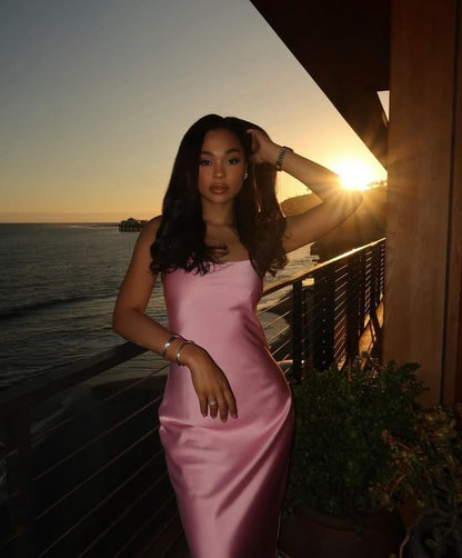 Elegante vestido de fiesta largo de satén rosa con tirantes finos para fiesta de verano, ideal para 20 cumpleaños y 18 años, DH482